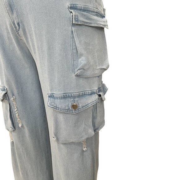 Strapless Denim Cargo Jumpsuit Y2K Edgy Streetwear Utility Baddie Distressed XL - Picture 11 of 12